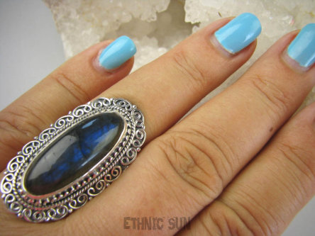 bpe6386 Długi Granatowo - niebieski Pierścień Pierścionek Labradoryt Spektrolit r.21/ r.22 Srebro 925 #