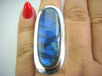 bpe4802 Klasyczny Długi 4,7 cm granatowo chabrowy  Pierścień Labradoryt Spektrolit - kamień Zorzy Polarnej r.18 Lśniące Srebro 925 #