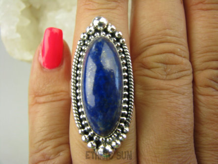 bpe7822 Orientalny Długi Pierścień Królewski Lapis Lazuli - strażnik prawdy i mądrości r.14/ r.15 Srebro 925 #