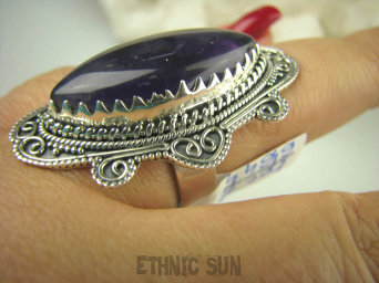 bpe6644 BAŚNIOWY KLEJNOT - Piękny Długi Regulowany Pierścień Fioletowy Ametyst r.18, r.19, r.20, r.21, r.22 Srebro 925 #