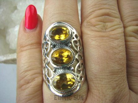 bpee3391 ZŁOCISTY DUŻY Ażurowy Pierścień ze złotymi  cytrynami CYTRYN - kamień antycukrzycowy r.16 szeroka ażurowa obrączka Srebro 925 #