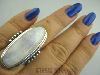 bpe3449 GRECKA BOGINI !!!! Cudowny Duży Długi 3.9 cm OKAZ Pierścień naturalny Kamień Księżycowy r.16/r.17 Srebro 925 #