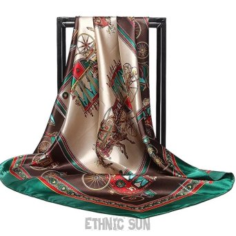SZ55 Elegancka KAROCA Z KOŃMI koń (zielono brązowa ) duża 90 cm x 90 cm bajecznie piękna chusta orientalny Szal Reylon 