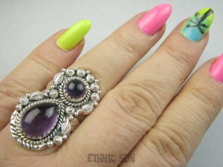 bpe9566 PIĘKNY OKAZ !!! Długi 3.5 cm Pierścień Pierścionek Fioletowy Ametyst - kamień mądrości r.19 Srebro 925 #