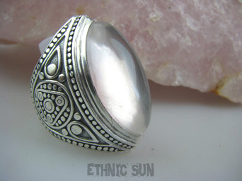 bpe4677 Niezwykły duży 3,6 cm 22 g Pierścień naturalny KWARC RÓŻOWY - kamień mocnego serca r.21/ r.22 szeroka zdobiona obrączka Srebro 925 #