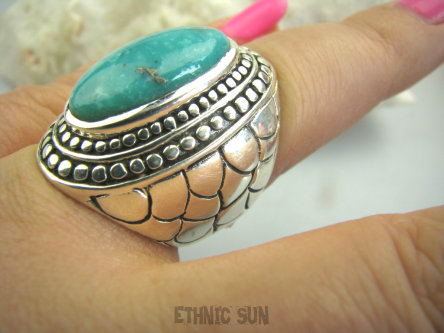 bpe4352 SKÓRA WĘŻA !!!! Biżuteria Orientalna - Niezwykły OKAZ Pierścień naturalny TURKUS Turkusy r.17/ r.18 Srebro 925 #