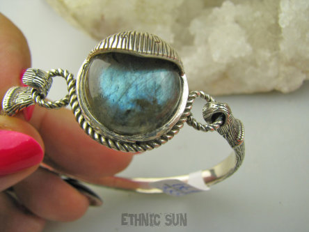 bb3852 Pięknie zdobiona OTWIERANA BRANSOLETA 30 g Bransoletka Bangla z możliwością odpinania na szczuple dłonie Labradoryt Spektrolit Srebro 925 #