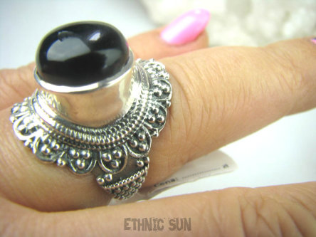 bpe5652 Orientalny Pierścień czarny ONYKS regeneruje SERCE, EGZEMY, PAMIĘĆ r.17/ r.18 Srebro 925 #