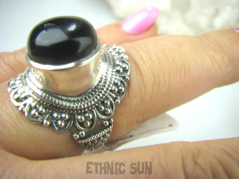 bpe5652 Orientalny Pierścień czarny ONYKS regeneruje SERCE, EGZEMY, PAMIĘĆ r.17/ r.18 Srebro 925 #