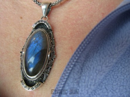 bwe2659 Kunsztowny Pięknie Zdobiony Niesamowity Długi 6.2 cm Wisior Granatowy Szary Labradoryt Spektrolit - kamień Zorzy Polarnej Srebro 925 #