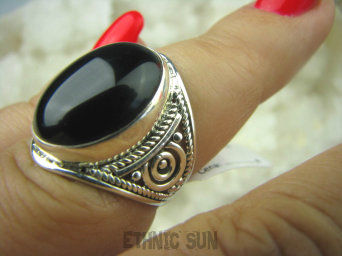 bpe6109 Śliczny Orientalny Pierścień Czarny ONYKS regeneruje SERCE, EGZEMY, PAMIĘĆ r.13/r14 ażurowa obrączka Srebro 925