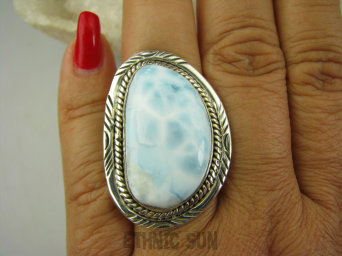 bpe7953 PIĘKNY OKAZ !!! Pierścień RZADKI Anielski kamień Błękitny LARIMAR - stawy, serce, lęki , otwiera czakrę gardła r.19 Srebro 925 #