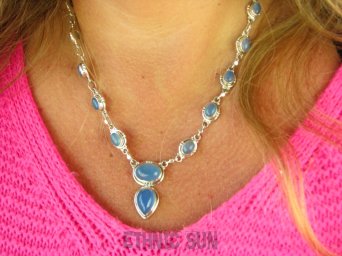 bn1514 Elegancka Kolia 28 g Regulowany Naszyjnik Błękitny Chalcedon Czakra Gardła Srebro 925 #