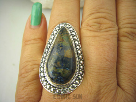 bpe8347 Spokojne Kolory Natury Wielobarwny Pierścień Pierścionek naturalna CHRYZOKOLA I AZURYT r.18 Srebro 925 #