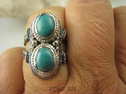 bpe6941 Cudny PIERŚCIEŃ Greckie wzory naturalny TURKUS - opiekun ciała i duszy turkusy r.16 Srebro 925 #