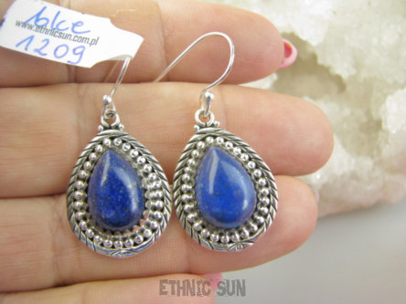 bke1209 Egzotyczne Lekkie Kolczyki z królewskimi Lapis Lazuli z pirytem w orientalnej oprawie Srebro 925