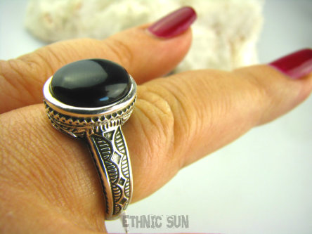 bpe2794 Cudowny Delikatny Pierścień ONYKS -  regeneruje SERCE, EGZEMY, PAMIĘĆ r.20 zdobiona obrączka Srebro 925