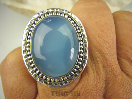 bpe7926 Błękitne Cacko Niebieski WSPANIAŁY Pierścień CHALCEDON (TARCZYCA) r.17 egzotycznie zdobione Srebro 925 #