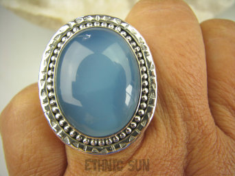 bpe7926 Błękitne Cacko Niebieski WSPANIAŁY Pierścień CHALCEDON (TARCZYCA) r.17 egzotycznie zdobione Srebro 925 #