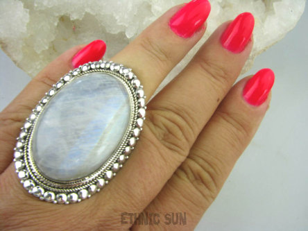 bpe6182 Biżuteria Egzotyczna  DUŻY 28 G front 4,5cm  Pierścień wielobarwny Kamień Księżycowy  z Tęczą w orientalnej oprawie r.16 Srebro 925 #
