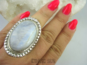 bpe6182 Biżuteria Egzotyczna  DUŻY 28 G front 4,5cm  Pierścień wielobarwny Kamień Księżycowy  z Tęczą w orientalnej oprawie r.16 Srebro 925 #