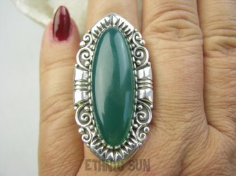 bpe9635 HRABIA BAŚNIOWY KLEJNOT - Piękny Długi 4.7 cm 20g Pierścień Pierścionek Zielony ONYKS -  regeneruje SERCE, EGZEMY, PAMIĘĆ r.19 Srebro 925 #