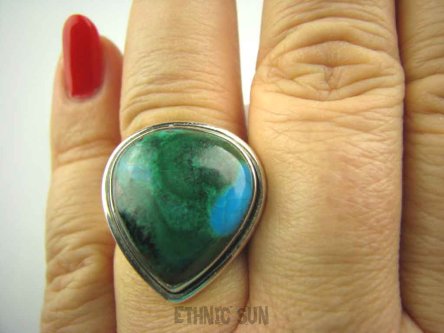 bpe3639 CUD NATURY RZADKI Klasyczny Delikatny Pierścień naturalna CHRYZOKOLA I AZURYT r.17 Srebro 925 #