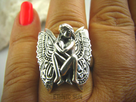 bpe3157 Amulet miłości i zaufania Przepiękny Pierścień cały ze srebra PARA ELFÓW w miłosnym uścisku ELF Wróżka  r.21/ r.22 Srebro 925 #