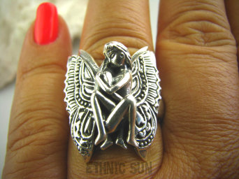 bpe3157 Amulet miłości i zaufania Przepiękny Pierścień cały ze srebra PARA ELFÓW w miłosnym uścisku ELF Wróżka  r.21/ r.22 Srebro 925 #