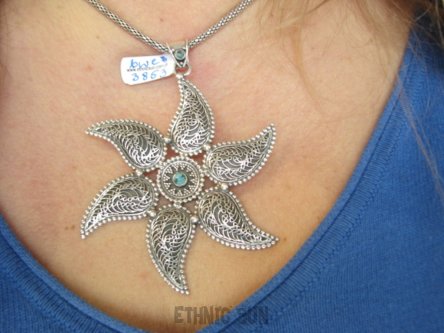 bwe3853 Egzotyczna Gwiazda czy rajski Kwiat ? Duży 8.5 cm szeroki 6,5 cm , 24G Piękny Wisior naturalny TURKUS Turkusy Srebro 925 #