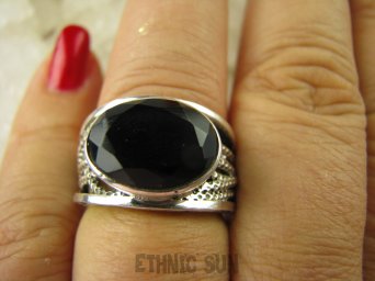 bpee3505 CUDOWNY KLEJNOT Piękny Pierścień Czarny Onyks - kamień zadaniowy , wspomaga serce , egzemy pamięć r.17/ r.18 szeroka obrączka Srebro 925 #