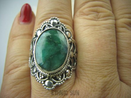 bpee2856 SZMARAGDOWY KLEJNOT - Piękny Egzotyczny OKAZ Pierścień zielony Szmaragd Indyjski Szmaragdy r.22 Srebro 925 #
