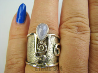 bpe9659 PIĘKNY GORSET niespotykany wzór ciekawy Regulowany PIERŚCIEŃ Pierścionek Kamień Księżycowy szeroka obrączka r.15, r.16, r.17, r.18  Srebro 925 #