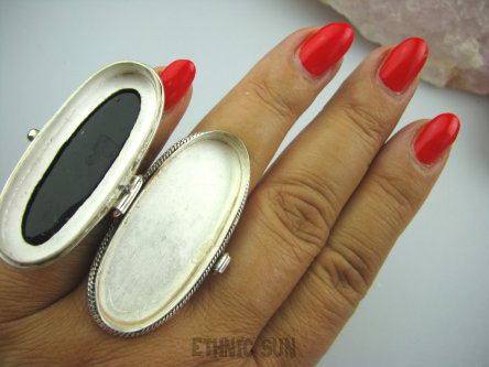 bpe5080 GIGANT AŻ 30 gramów Długi 4,6 cm Otwierany Duży  SEKRETNIK  !! Pierścień na Zdjęcia lub Marzenia Onyks - regeneruje SERCE, EGZEMY, PAMIĘĆ r.16 Srebro 925 #