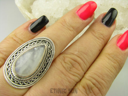 bpe8765 LODOWA KROPLA !!! Egzotyczny Pierścień Pierścionek Kamień Księżycowy r.14 Srebro 925 #