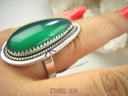 bpe9151 PIĘKNY OKAZ !!!  Duży i śliczny Pierścień Pierścionek Zielony ONYKS regeneruje SERCE, EGZEMY, PAMIĘĆ r.21/ r.22 Srebro 925 #