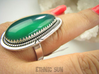 bpe9151 PIĘKNY OKAZ !!!  Duży i śliczny Pierścień Pierścionek Zielony ONYKS regeneruje SERCE, EGZEMY, PAMIĘĆ r.21/ r.22 Srebro 925 #