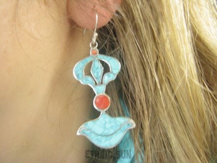 bke1233 Symbol niezniszczalności -VAJRA= Wadżra , Dorje ,OCZYSZCZAJĄCY energię  Barwne DŁUGIE 5.8 cm !!!! Lekkie Kolczyki inkrustowany TURKUS KORAL Srebro 925 Nepal