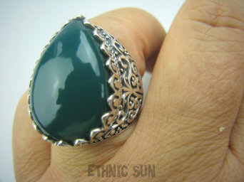 bpe5246 Bajeczny Wielki PIERŚCIEŃ ZIELONY ONYKS - SERCE ,PAMIĘĆ r.20 pięknie zdobione Srebro 925 #