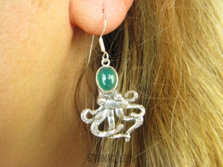 bke1196 Figlarne i przepiękne Ośmiorniczki cudowne kolczyki Ośmiornica - symbolizuje kreatywność, Zielony Onyks SREBRO 925