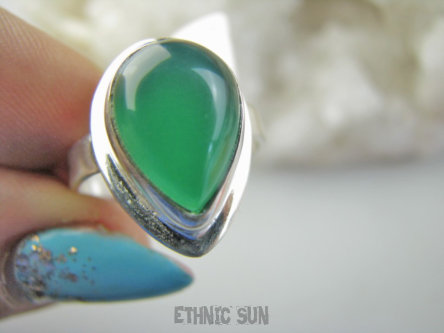 bpe9421 Przepiękny Delikatny Pierścień Pierścionek Zielony ONYKS - regeneruje SERCE, EGZEMY, PAMIĘĆ r.18 Srebro 925