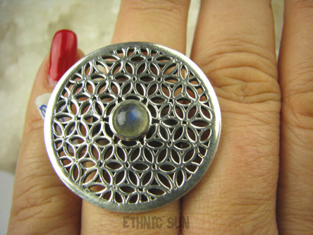 bpe6477 Duży Front Pierścień KWIAT ŻYCIA - SILNY AMULET OCHRONNY !!!! Ażurowy  Pierścień Niebieski Labradoryt Spektrolit r.16 SREBRO 925 #