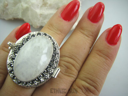 bpe4857 SEKRETNIK Otwierany Duży 28 g Pierścień na DUŻE Zdjęcia lub Marzenia Kamień Księżycowy r.14 Srebro 925 #