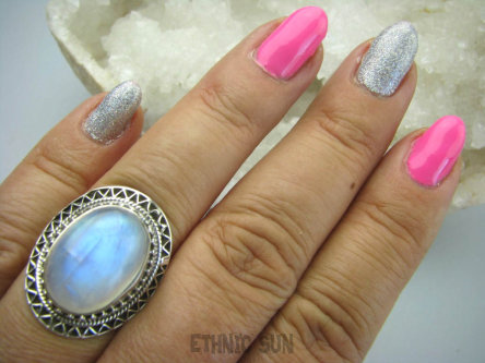 bpe5965 Egzotyczna piękność Pierścień Niebieski Kamień Księżycowy r.17 Srebro 925 #