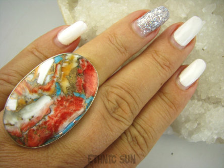 bpe8161 Wielobarwny Gigant 4.1cm/ 2.5cm Pierścień OSTRYGOWY TURKUS MIEDZIANY TOSTRYGA Muszla złota MIEDZ r.17 Srebro 925 #