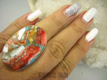 bpe8161 Wielobarwny Gigant 4.1cm/ 2.5cm Pierścień OSTRYGOWY TURKUS MIEDZIANY TOSTRYGA Muszla złota MIEDZ r.17 Srebro 925 #