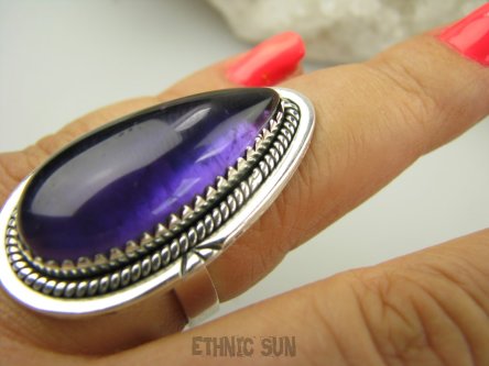 bpe9099 CZARODZIEJSKO PIĘKNY OKAZ DŁUGI 3.8 cm Egzotyczny Pierścień Pierścionek AMETYST Kamień Mądrości r.19 Srebro 925 #