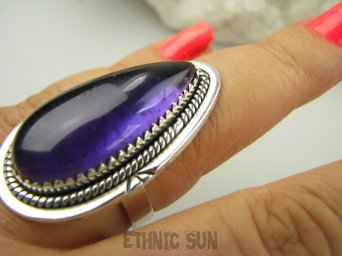 bpe9099 CZARODZIEJSKO PIĘKNY OKAZ DŁUGI 3.8 cm Egzotyczny Pierścień Pierścionek AMETYST Kamień Mądrości r.19 Srebro 925 #