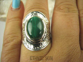 bpe6396 Orientalny Piękny Pierścień zdobiona obrączka MALACHIT - pobudza kreatywność r.17/ r.18 Srebro 925 #