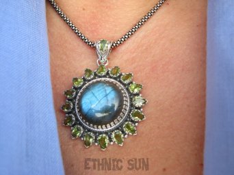 bwee2272 DUŻY 5.3 cm 21 gramów LUKSUSOWY Wisior Słońce !!! Kunsztowny Wisior Labradoryt Spektrolit Oliwin Perydot Oliwiny Srebro 925 #